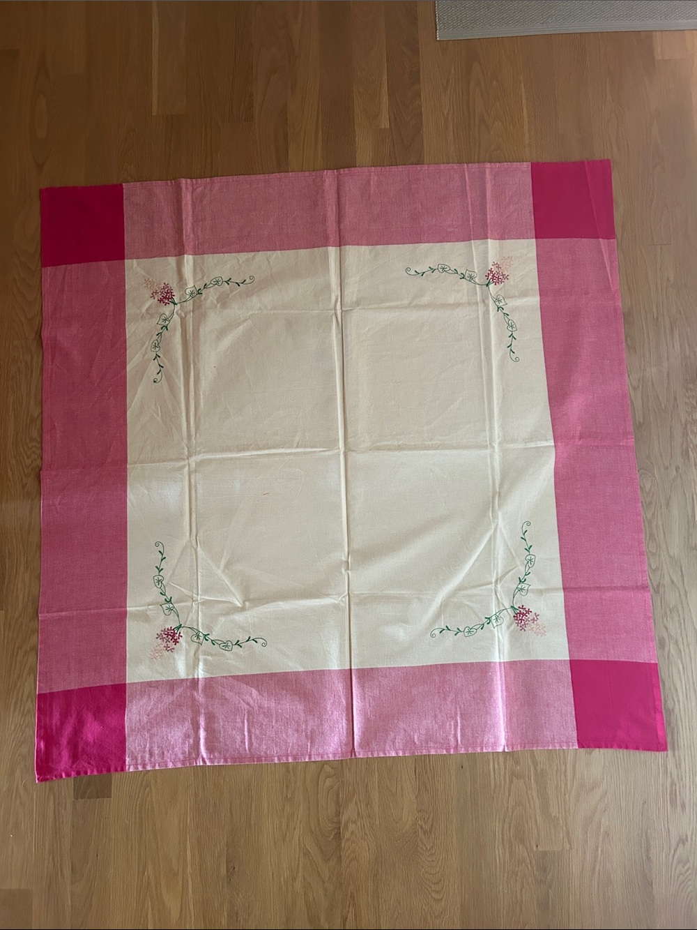 April Cornell Vintage Square Pink/Cream Tablecloth with Embroidered Flowers